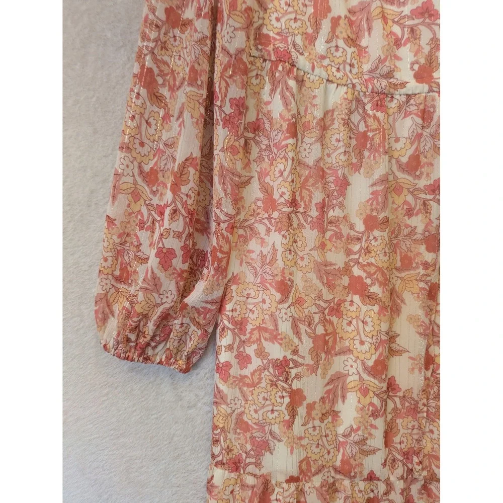 Sugarlips Floral Midi Dress Women's Size M Pink Lurex Shimmer Tiered Long Sleeve